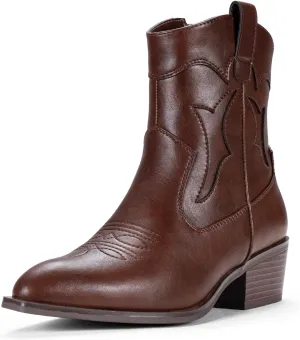 Vepose Women's 9816 Cowboy Boots Ankle Western Short Cowgirl Embroidered Round Toe Low Heel Booties with Side Zipper