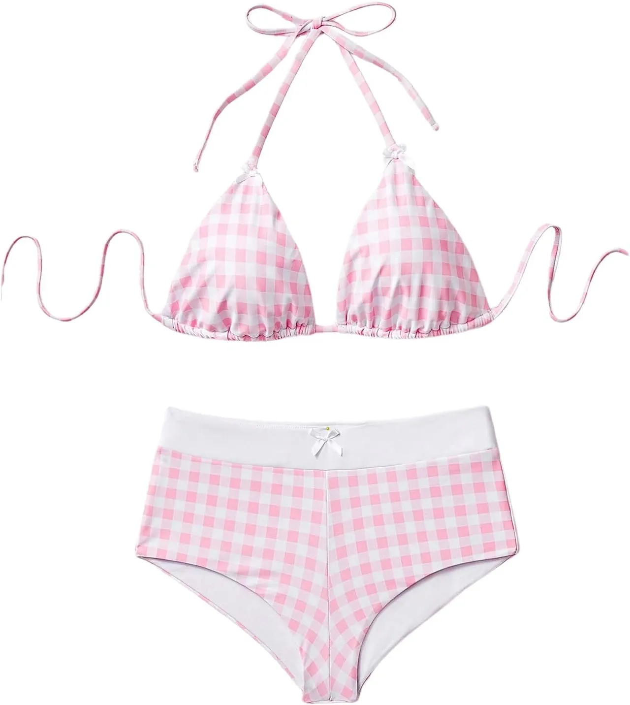 Verdusa Women's 2 Piece Checkered Plaid Halter Bikini Set Self Tie Swimsuit Bathing Suit