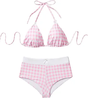 Verdusa Women's 2 Piece Checkered Plaid Halter Bikini Set Self Tie Swimsuit Bathing Suit