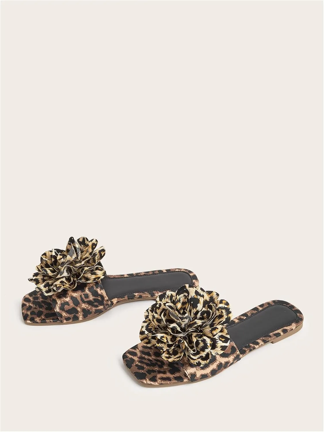 Verdusa Women's 3D Floral Cheetah Flat Sandals PU Leather Square Open Toe Slides Slippers