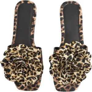 Verdusa Women's 3D Floral Cheetah Flat Sandals PU Leather Square Open Toe Slides Slippers