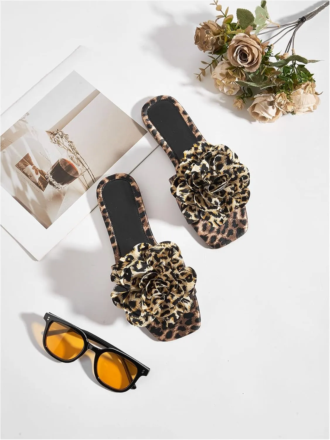 Verdusa Women's 3D Floral Cheetah Flat Sandals PU Leather Square Open Toe Slides Slippers