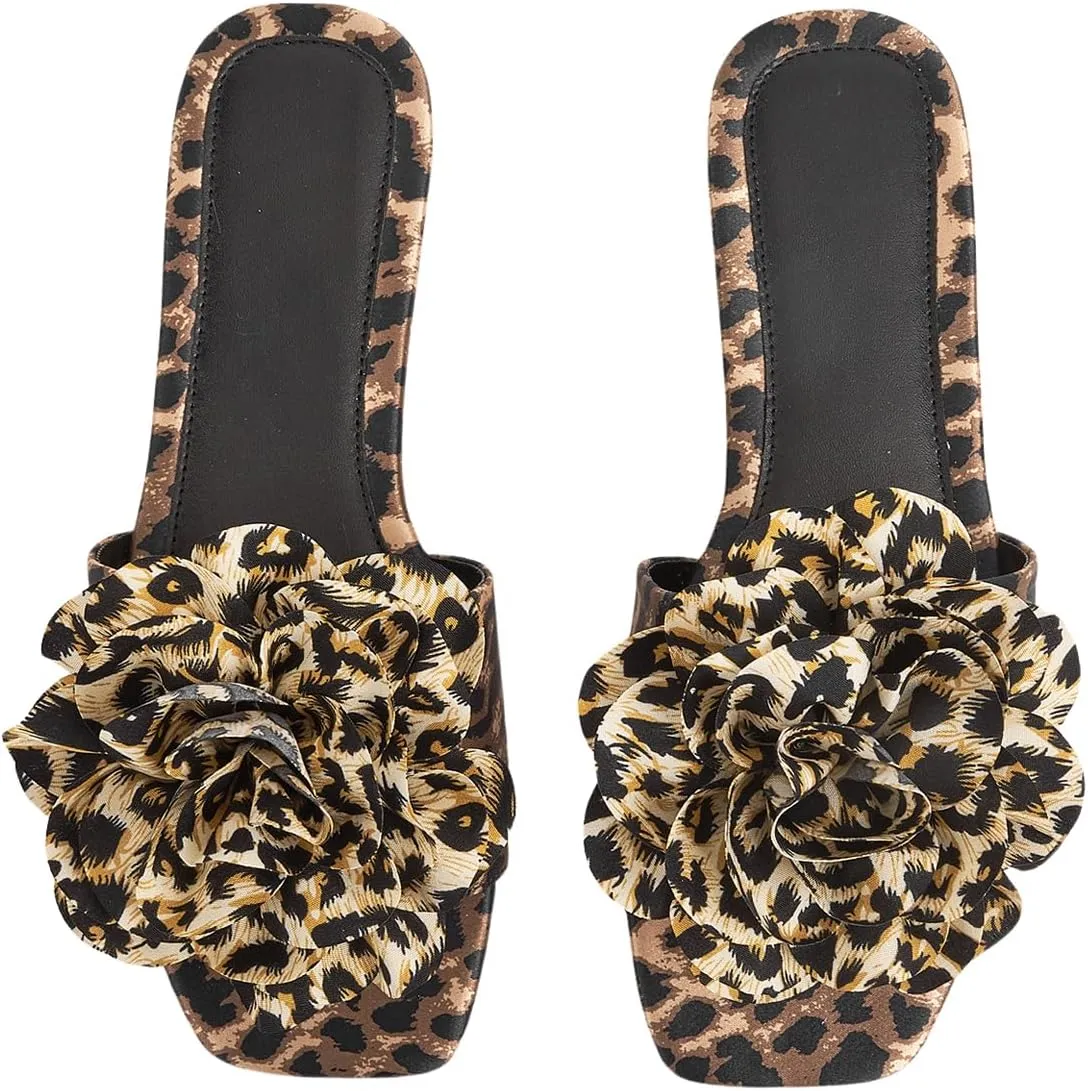 Verdusa Women's 3D Floral Cheetah Flat Sandals PU Leather Square Open Toe Slides Slippers