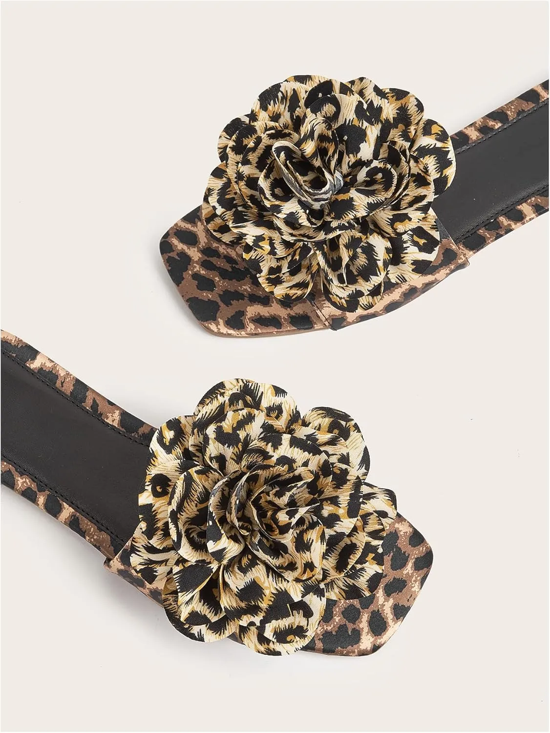 Verdusa Women's 3D Floral Cheetah Flat Sandals PU Leather Square Open Toe Slides Slippers