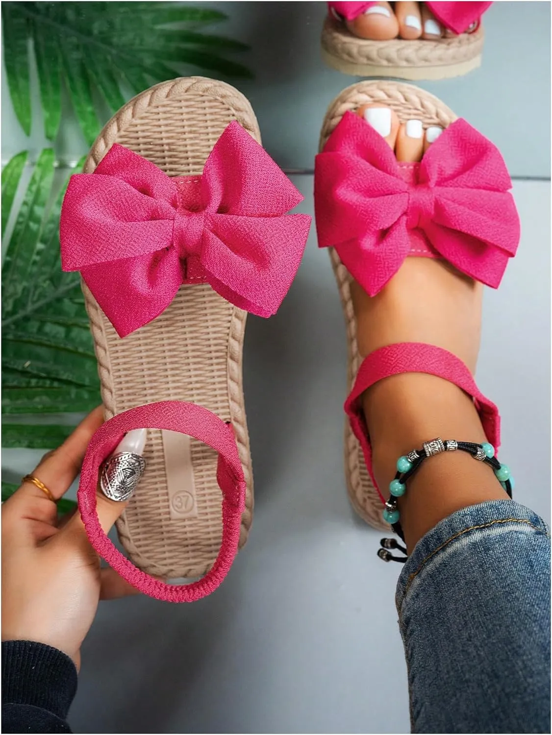 Verdusa Women's Bow Knot Flat Sandals Open Toe Ankle Strap Vacation Sandals