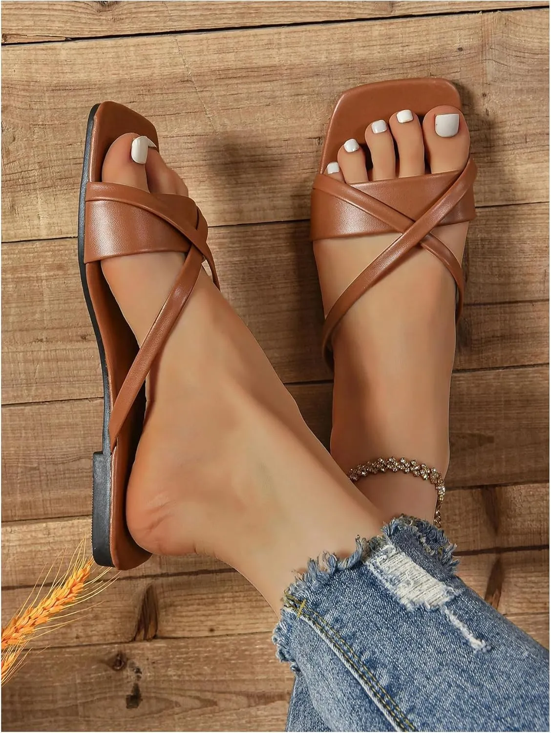 Verdusa Women's Criss Cross PU Leather Flat Sandals Open Toe Summer Slides Slippers