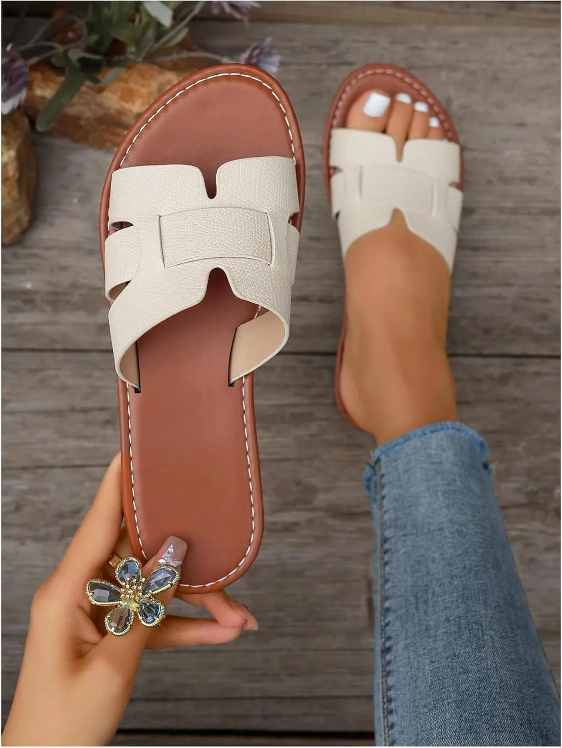 Verdusa Women's Cut Out PU Leather Flat Sandals Open Toe Slip on Slides Summer Slippers