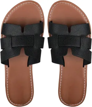 Verdusa Women's Cut Out PU Leather Flat Sandals Open Toe Slip on Slides Summer Slippers