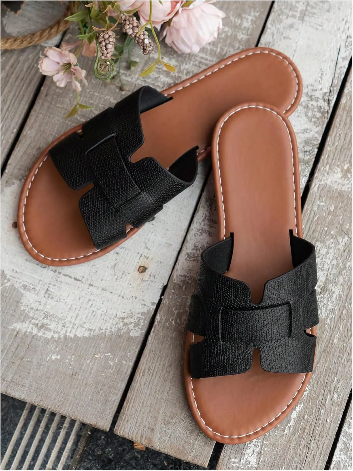 Verdusa Women's Cut Out PU Leather Flat Sandals Open Toe Slip on Slides Summer Slippers