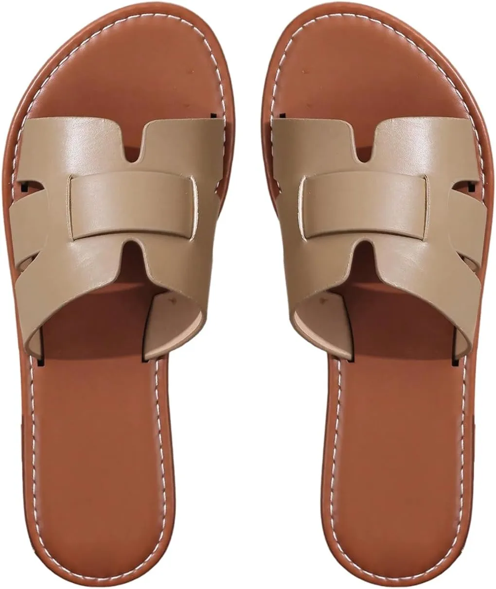 Verdusa Women's Cut Out PU Leather Flat Sandals Open Toe Slip on Slides Summer Slippers