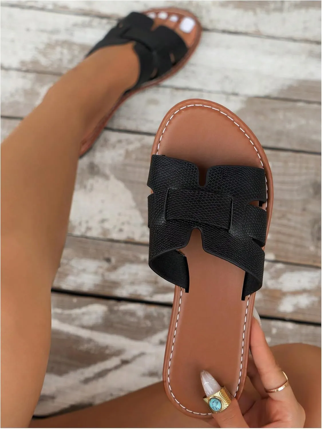 Verdusa Women's Cut Out PU Leather Flat Sandals Open Toe Slip on Slides Summer Slippers