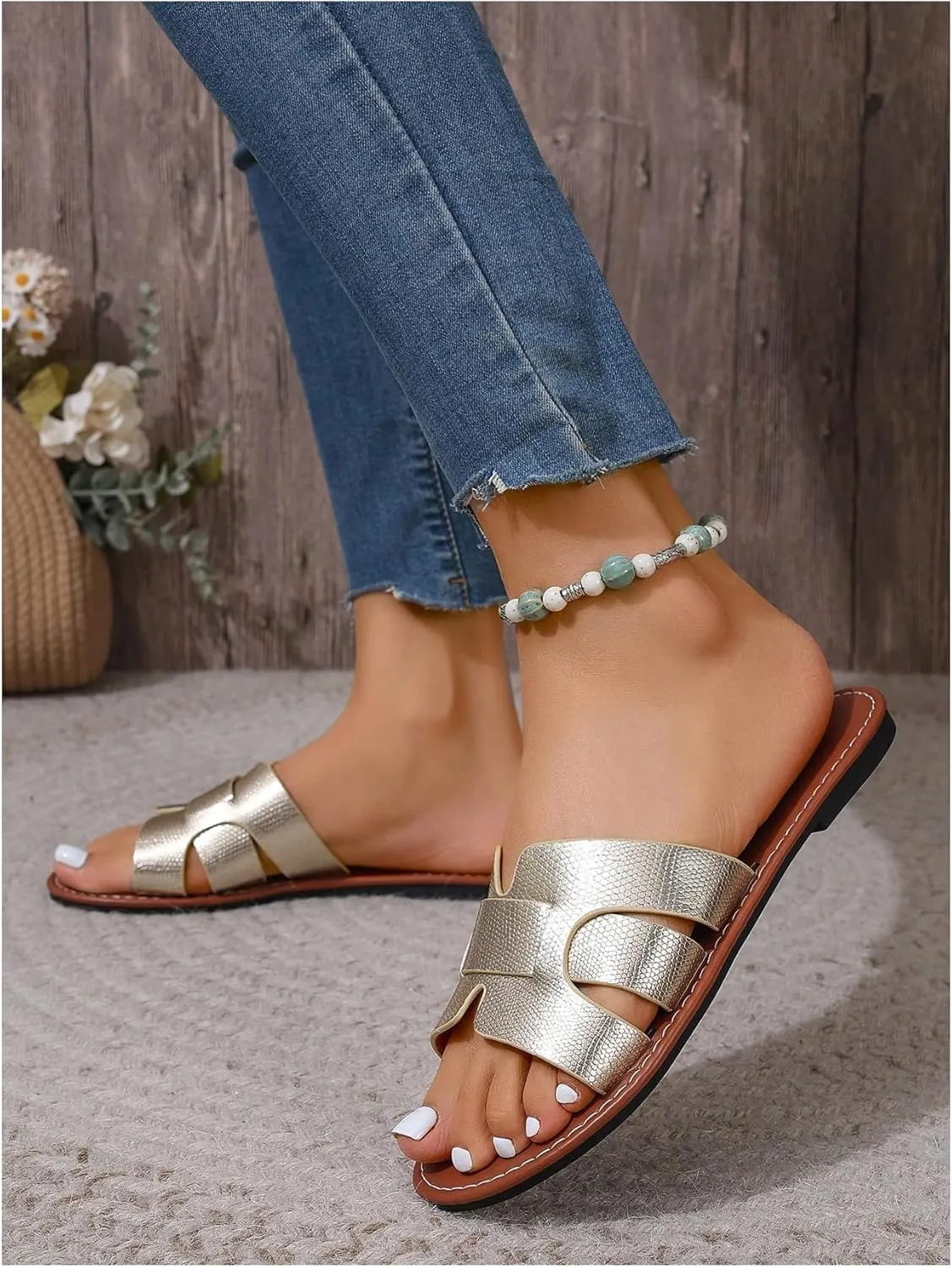 Verdusa Women's Cut Out PU Leather Flat Sandals Open Toe Slip on Slides Summer Slippers