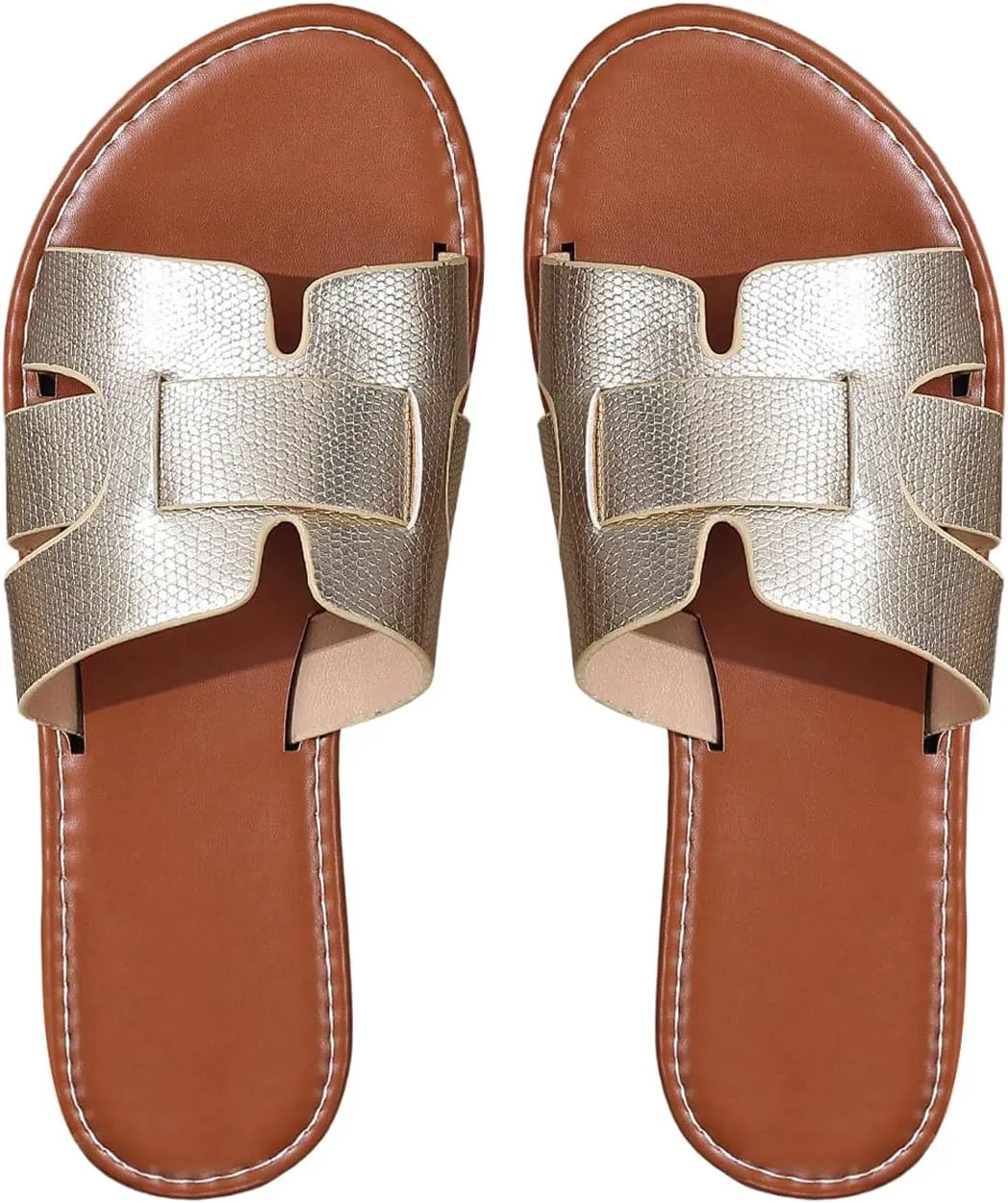 Verdusa Women's Cut Out PU Leather Flat Sandals Open Toe Slip on Slides Summer Slippers