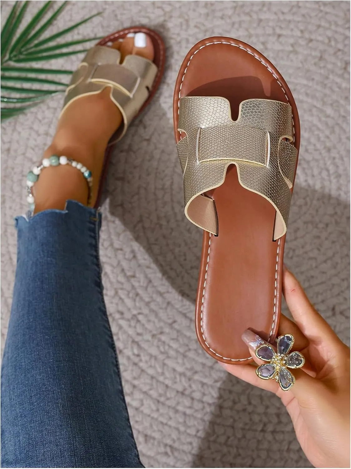 Verdusa Women's Cut Out PU Leather Flat Sandals Open Toe Slip on Slides Summer Slippers