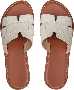 Verdusa Women's Cut Out PU Leather Flat Sandals Open Toe Slip on Slides Summer Slippers