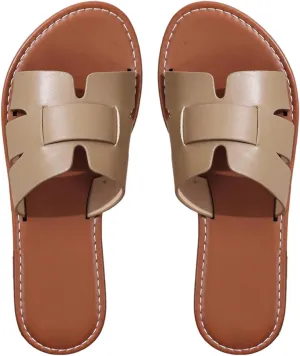 Verdusa Women's Cut Out PU Leather Flat Sandals Open Toe Slip on Slides Summer Slippers