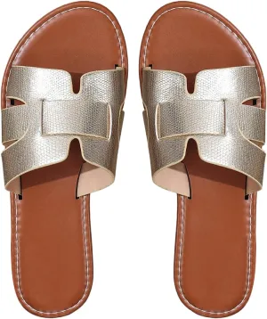 Verdusa Women's Cut Out PU Leather Flat Sandals Open Toe Slip on Slides Summer Slippers