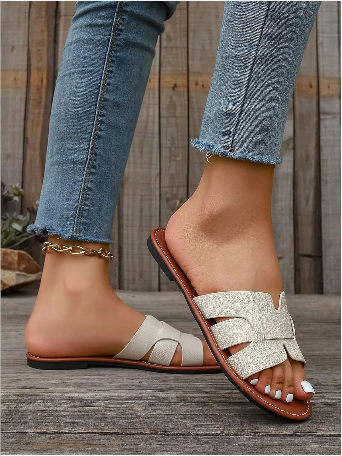 Verdusa Women's Cut Out PU Leather Flat Sandals Open Toe Slip on Slides Summer Slippers