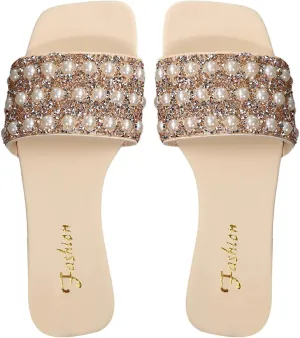 Verdusa Women's Glitter Pearls Rhinestone Sandals Square Open Toe Slip on Slippers