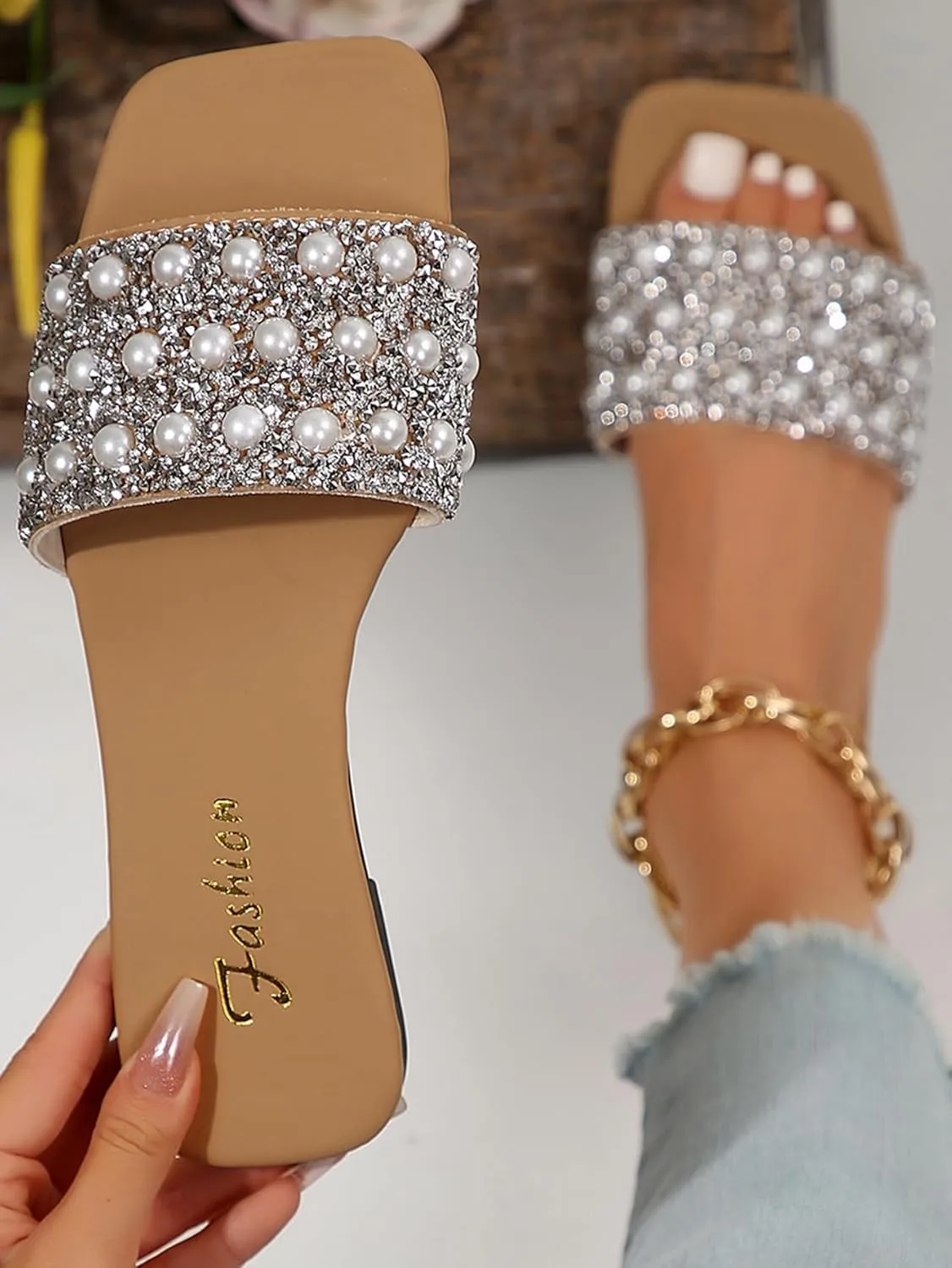 Verdusa Women's Glitter Pearls Rhinestone Sandals Square Open Toe Slip on Slippers