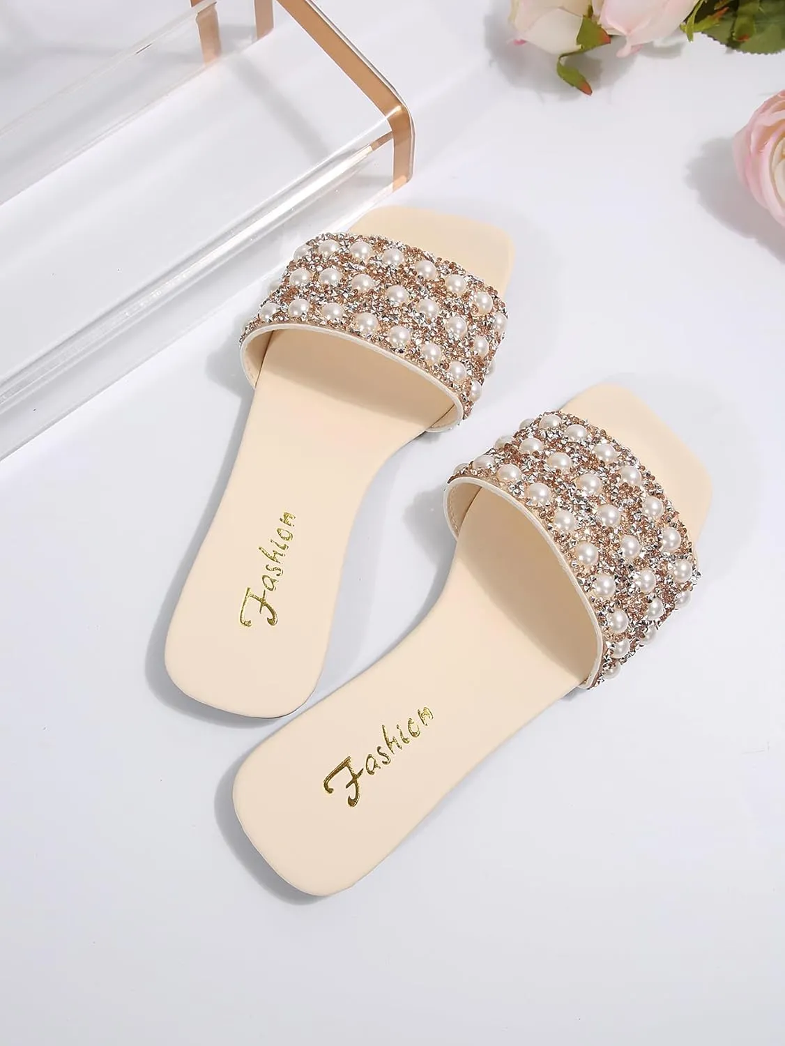 Verdusa Women's Glitter Pearls Rhinestone Sandals Square Open Toe Slip on Slippers
