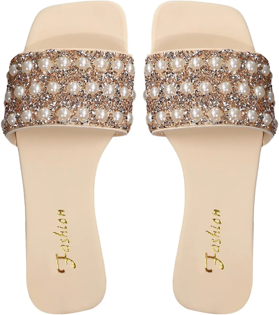 Verdusa Women's Glitter Pearls Rhinestone Sandals Square Open Toe Slip on Slippers