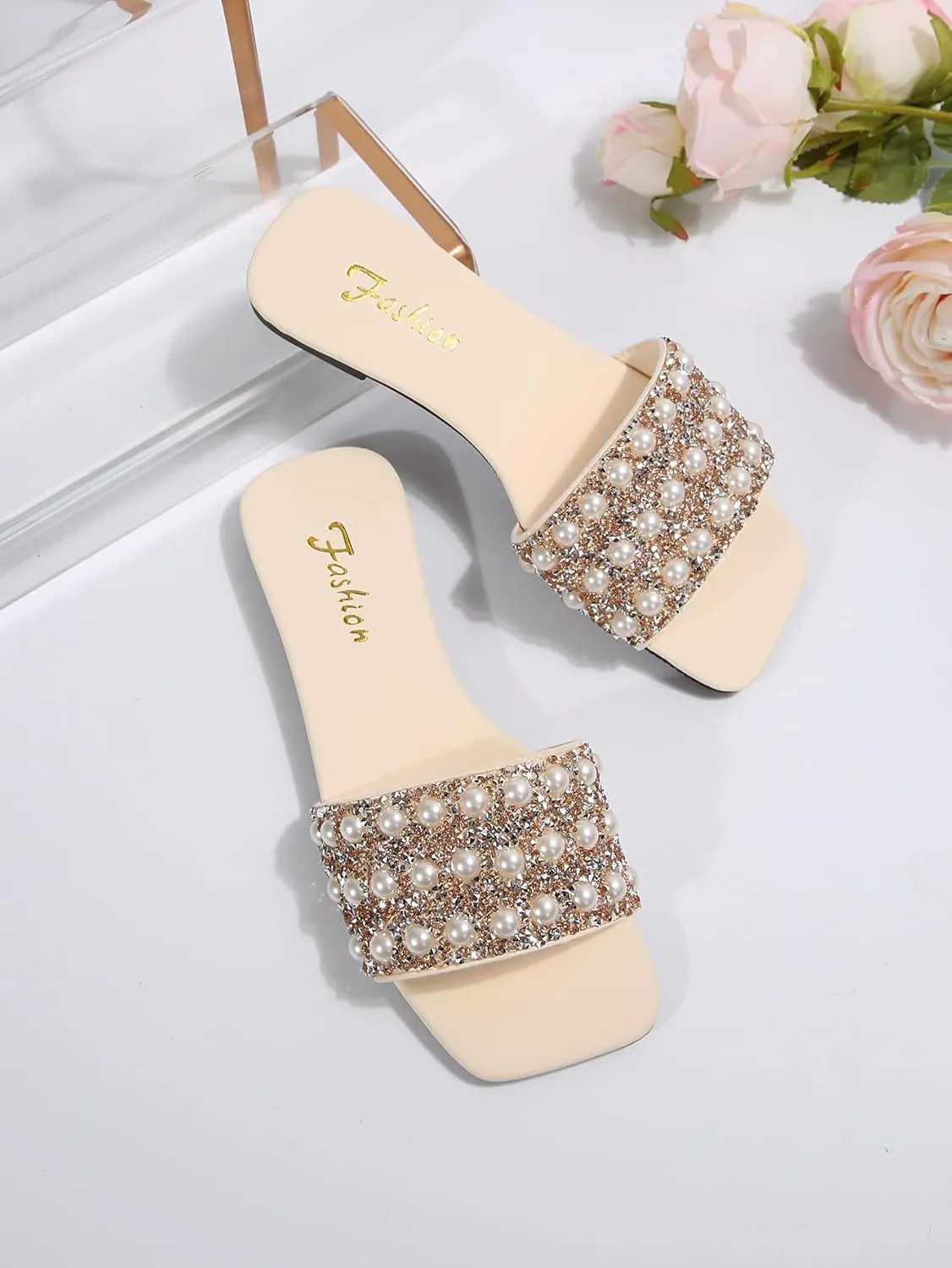 Verdusa Women's Glitter Pearls Rhinestone Sandals Square Open Toe Slip on Slippers