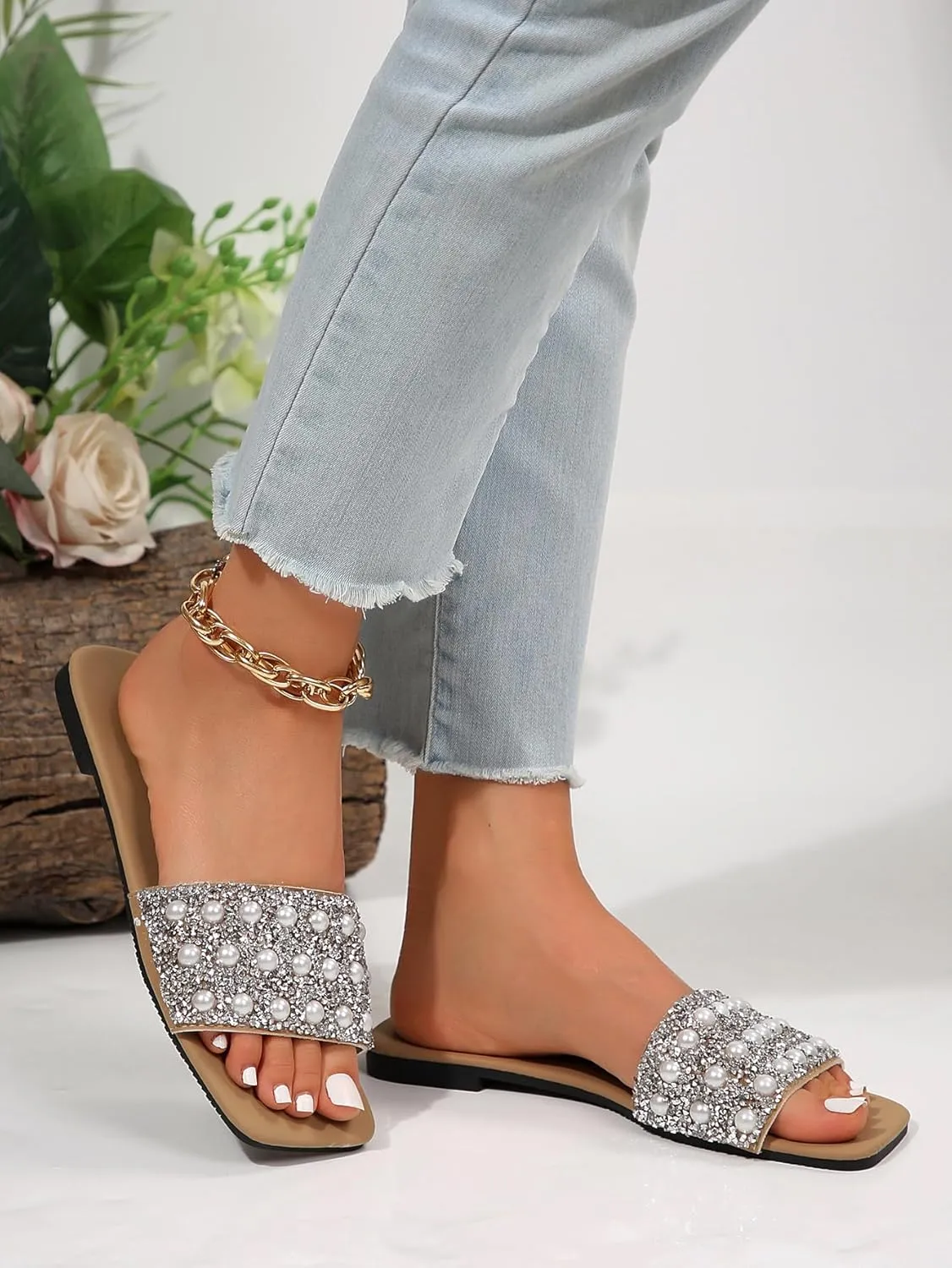 Verdusa Women's Glitter Pearls Rhinestone Sandals Square Open Toe Slip on Slippers