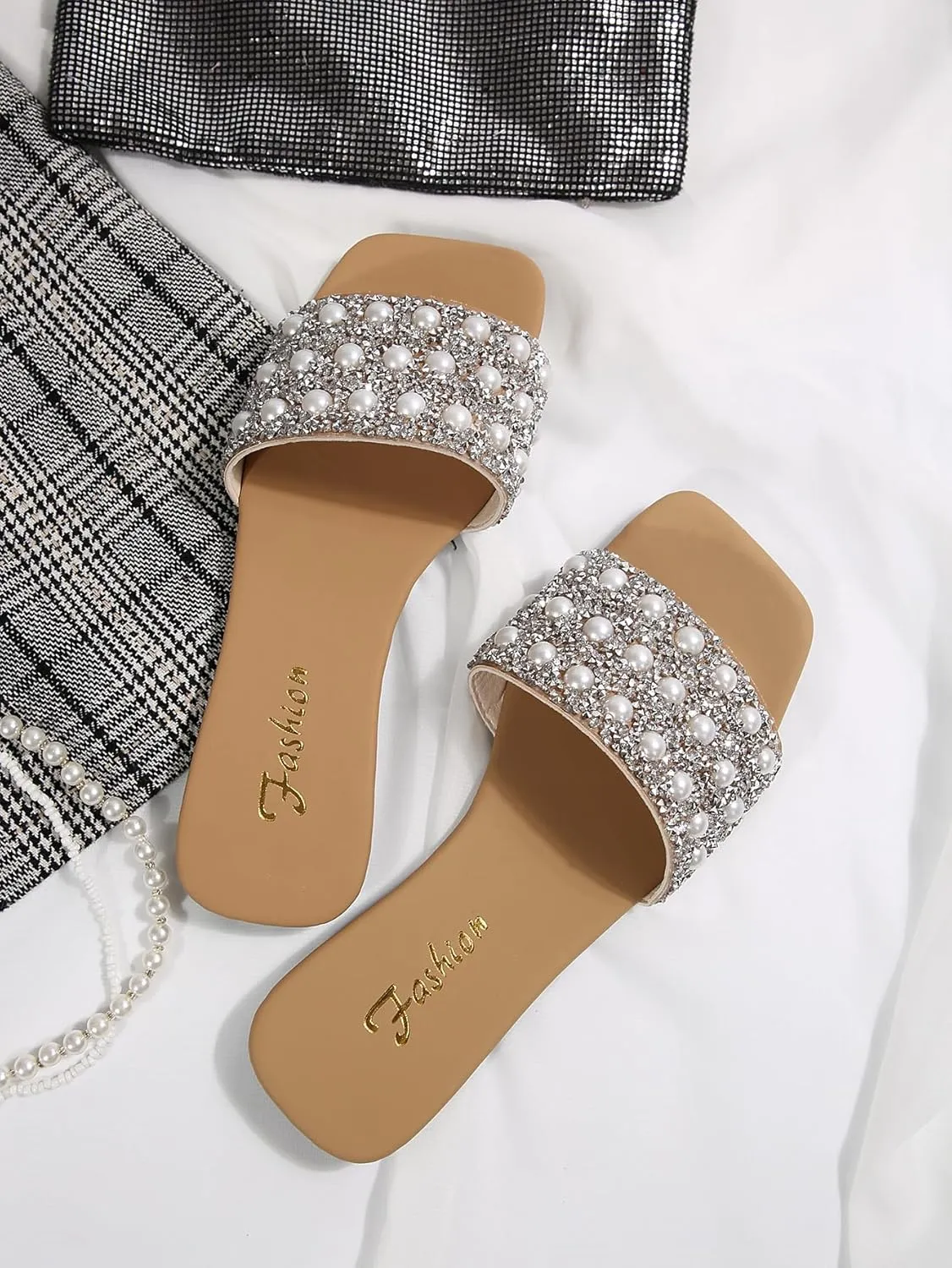 Verdusa Women's Glitter Pearls Rhinestone Sandals Square Open Toe Slip on Slippers