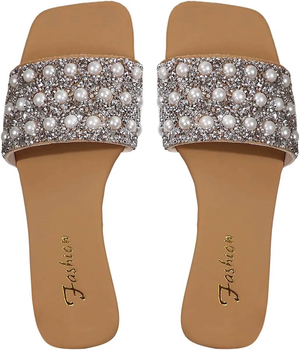Verdusa Women's Glitter Pearls Rhinestone Sandals Square Open Toe Slip on Slippers
