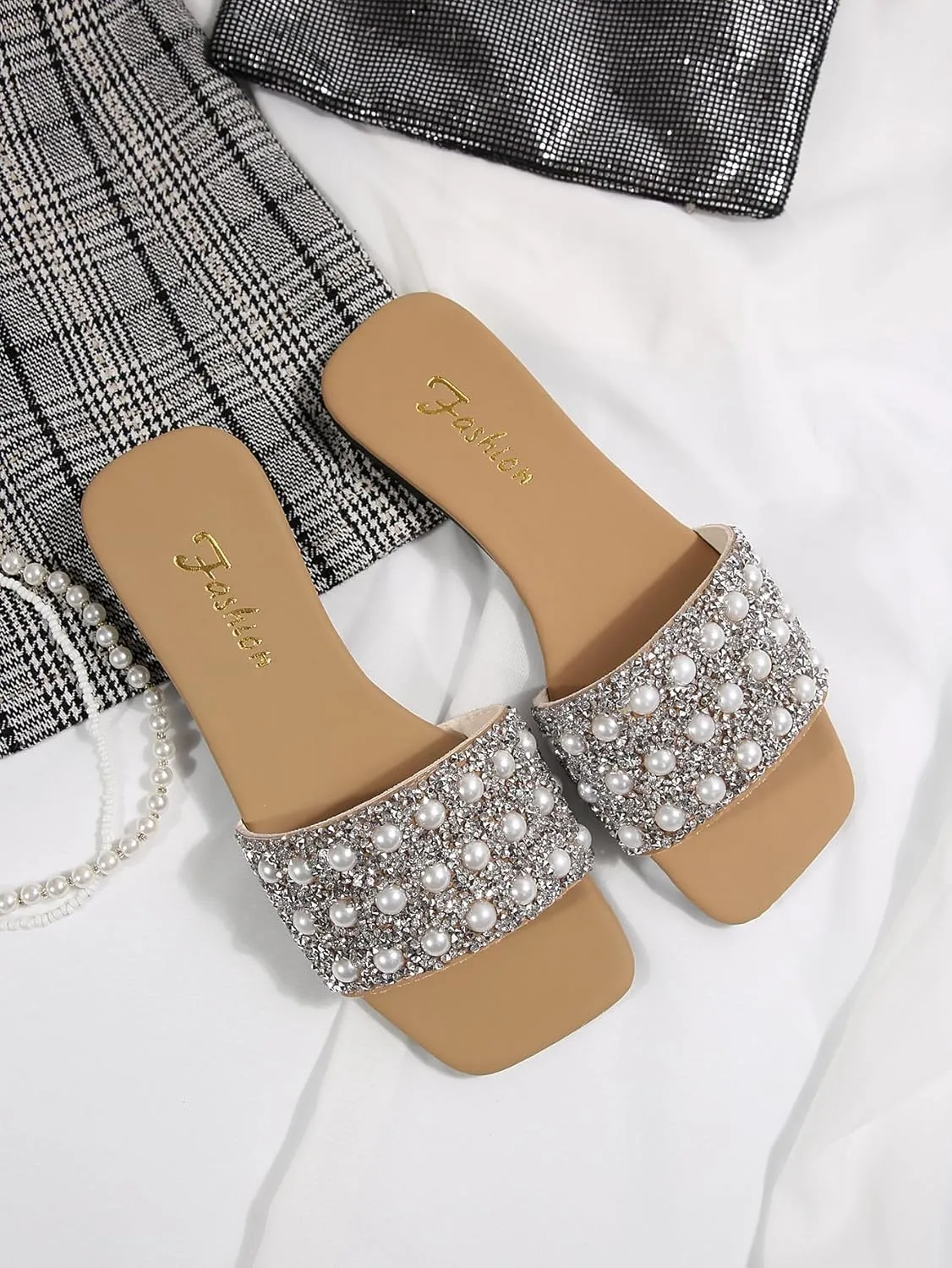 Verdusa Women's Glitter Pearls Rhinestone Sandals Square Open Toe Slip on Slippers
