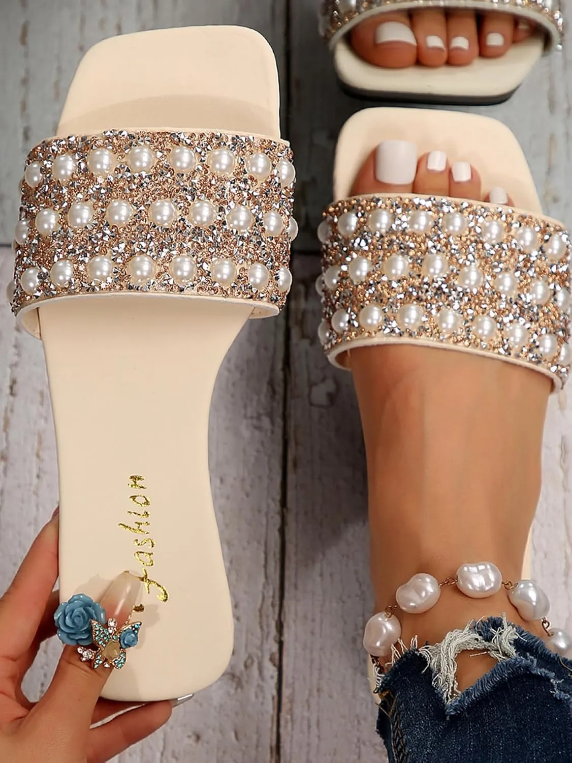 Verdusa Women's Glitter Pearls Rhinestone Sandals Square Open Toe Slip on Slippers
