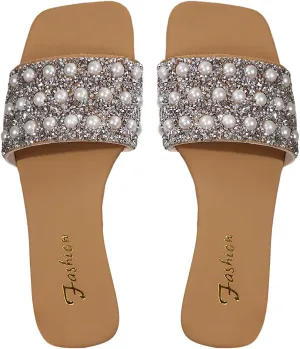 Verdusa Women's Glitter Pearls Rhinestone Sandals Square Open Toe Slip on Slippers