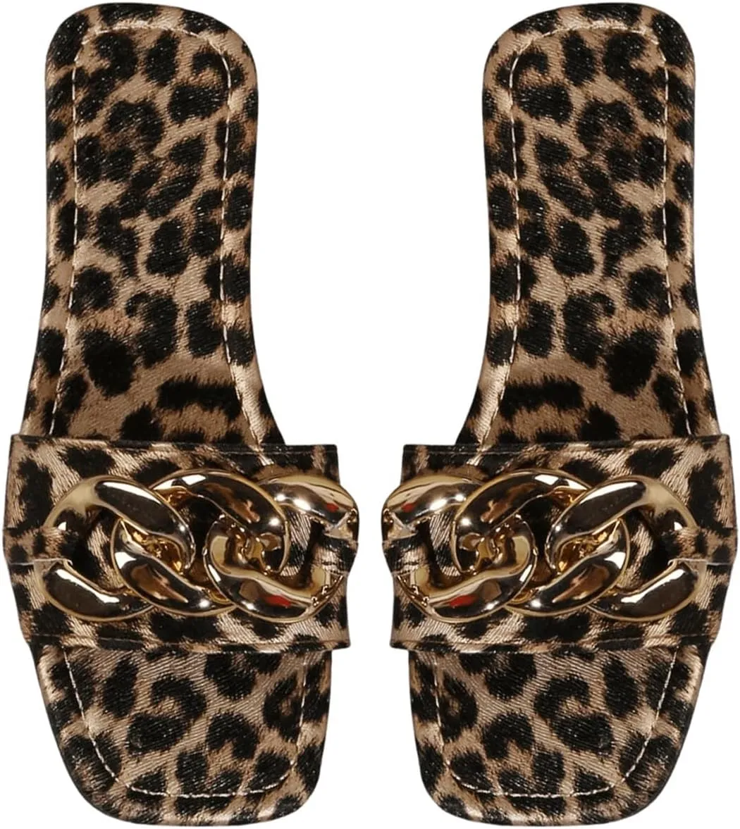 Verdusa Women's Leopard Print Metal Ring Flat Sandals Y2k Square Open Toe Dressy Slippers