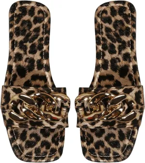 Verdusa Women's Leopard Print Metal Ring Flat Sandals Y2k Square Open Toe Dressy Slippers