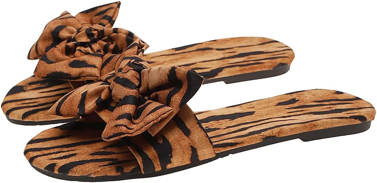 Verdusa Women's Leopard Print Sandals Bow Front Open Toe Slip on Flat Sandals
