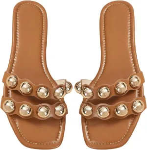Verdusa Women's Metal Decor Leather Sandals Open Toe Flat Sandals Summer Slippers