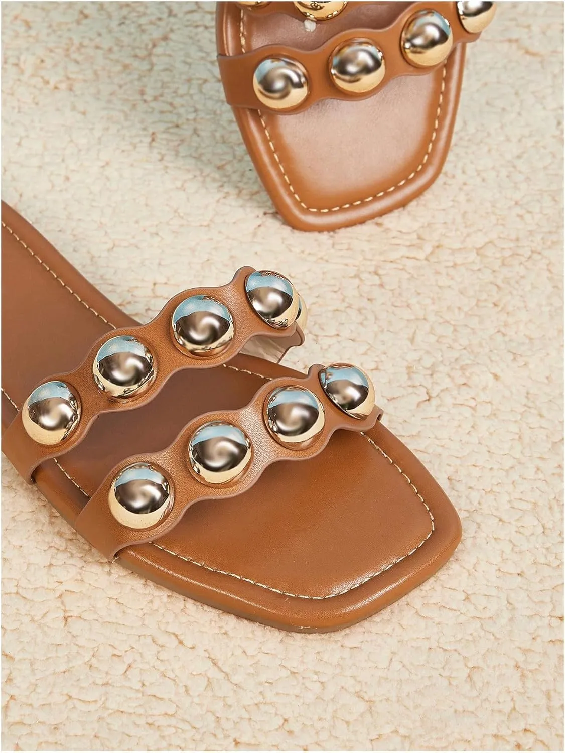 Verdusa Women's Metal Decor Leather Sandals Open Toe Flat Sandals Summer Slippers