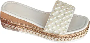 Verdusa Women's Pearls Platform Rhinestone Sandals Open Toe Slip on Dressy Sandals