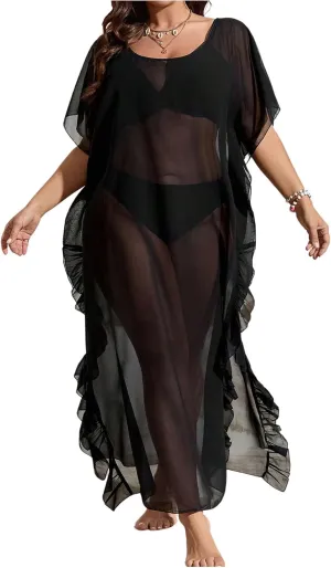Verdusa Women's Plus Size Sheer Mesh Ruffle Swim Cover Up Dress Thigh Slit Long Flowy Dresses