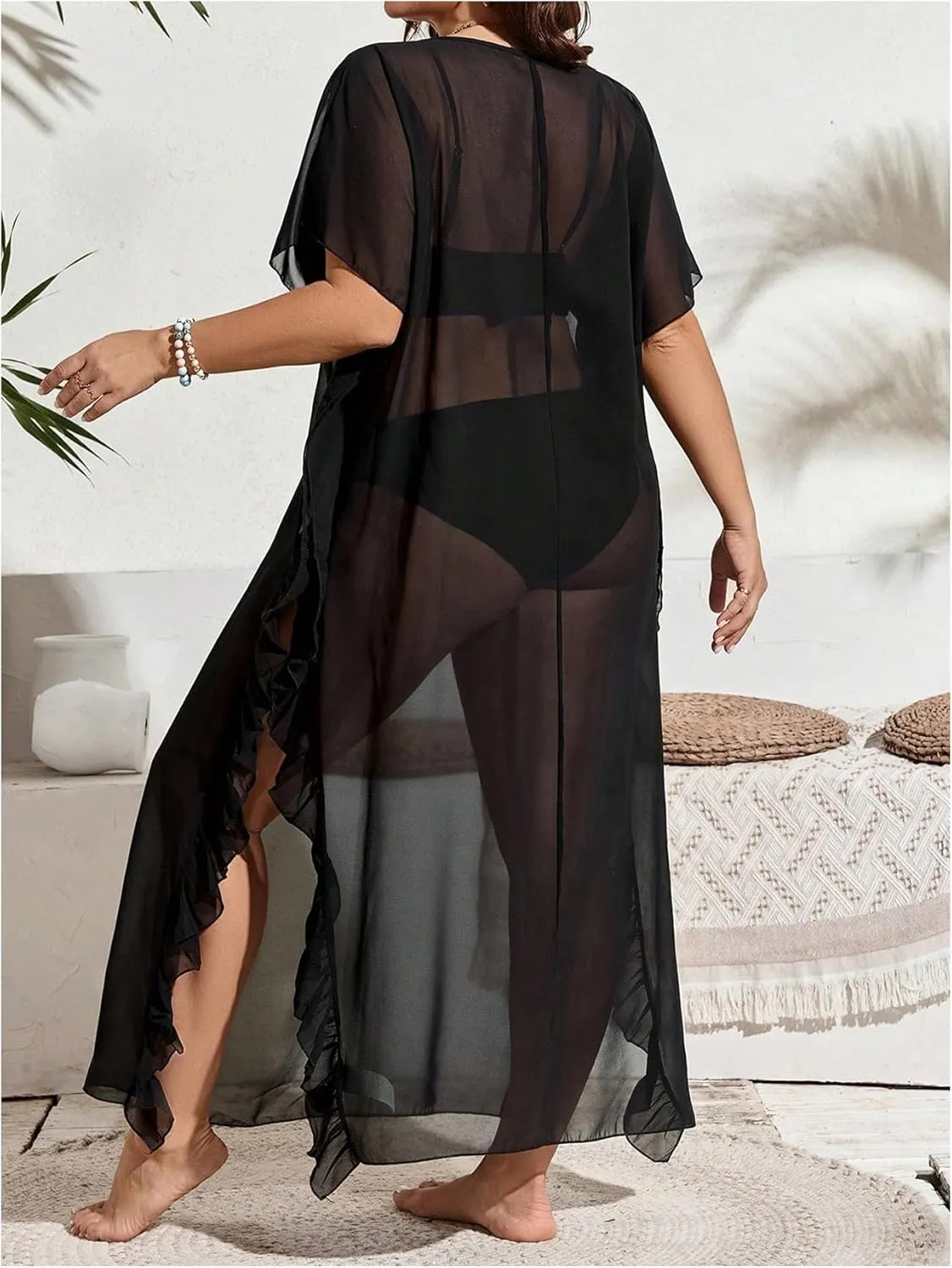 Verdusa Women's Plus Size Sheer Mesh Ruffle Swim Cover Up Dress Thigh Slit Long Flowy Dresses