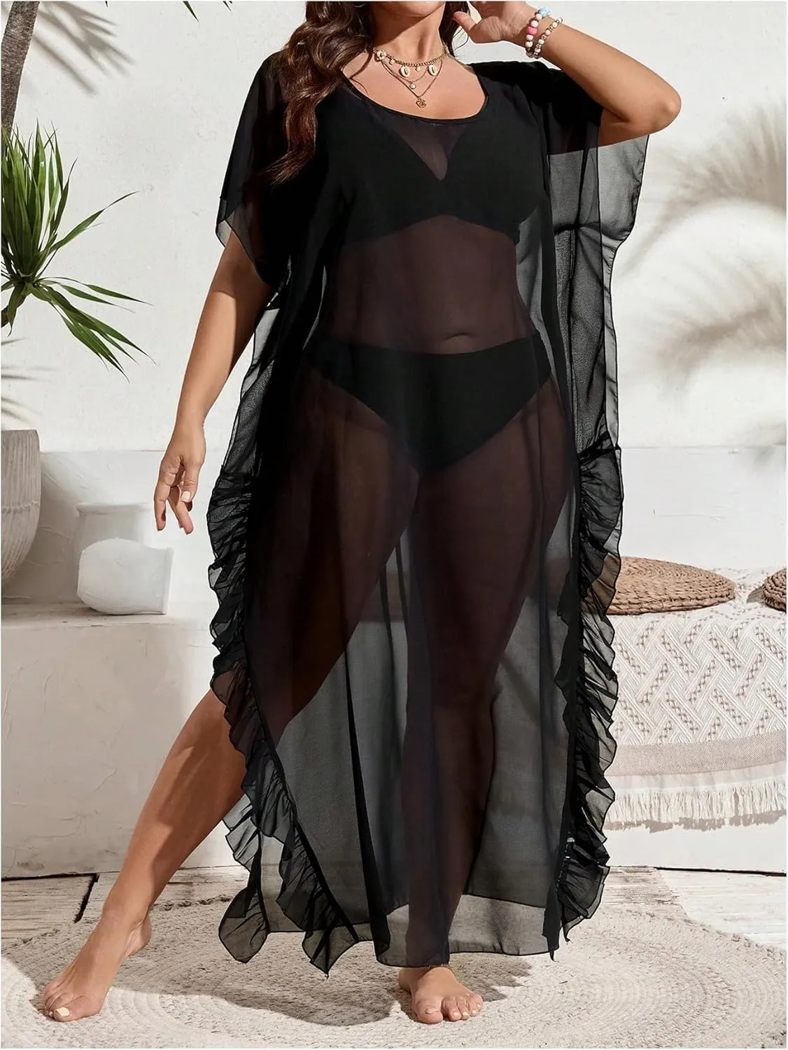Verdusa Women's Plus Size Sheer Mesh Ruffle Swim Cover Up Dress Thigh Slit Long Flowy Dresses