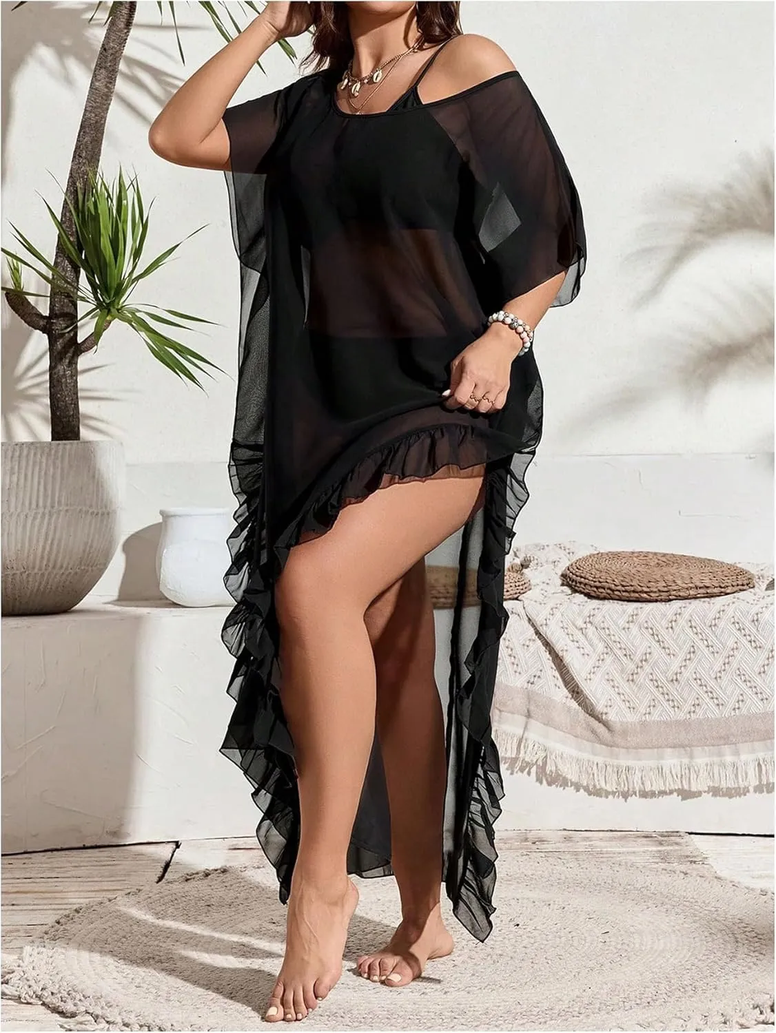 Verdusa Women's Plus Size Sheer Mesh Ruffle Swim Cover Up Dress Thigh Slit Long Flowy Dresses