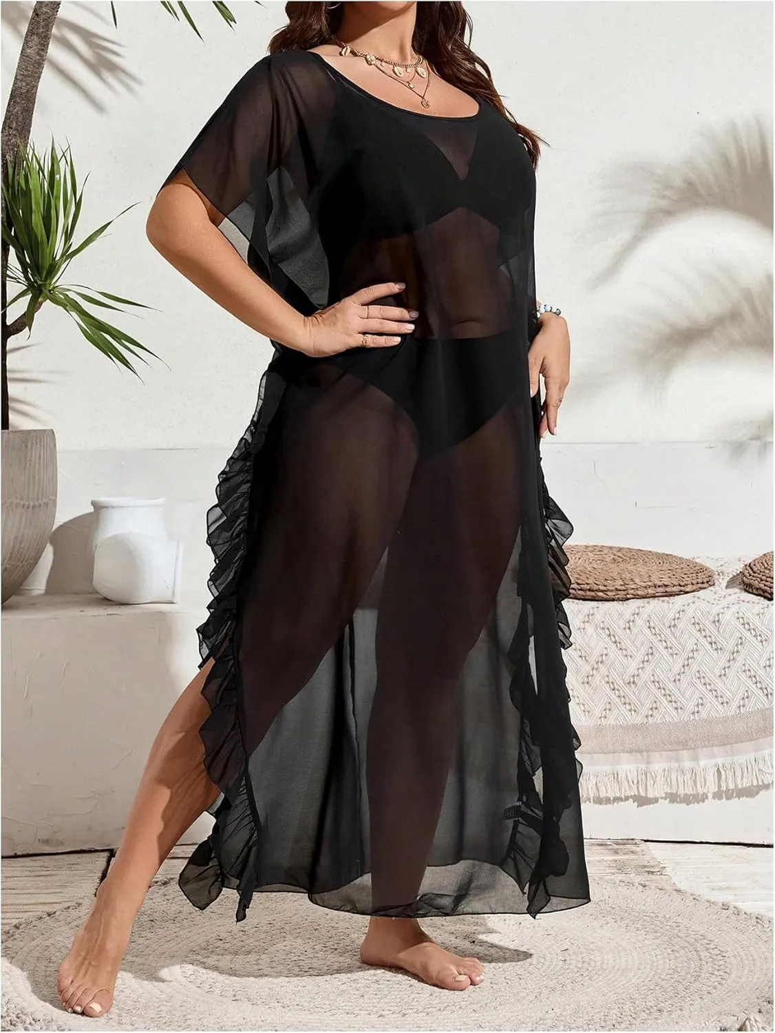 Verdusa Women's Plus Size Sheer Mesh Ruffle Swim Cover Up Dress Thigh Slit Long Flowy Dresses