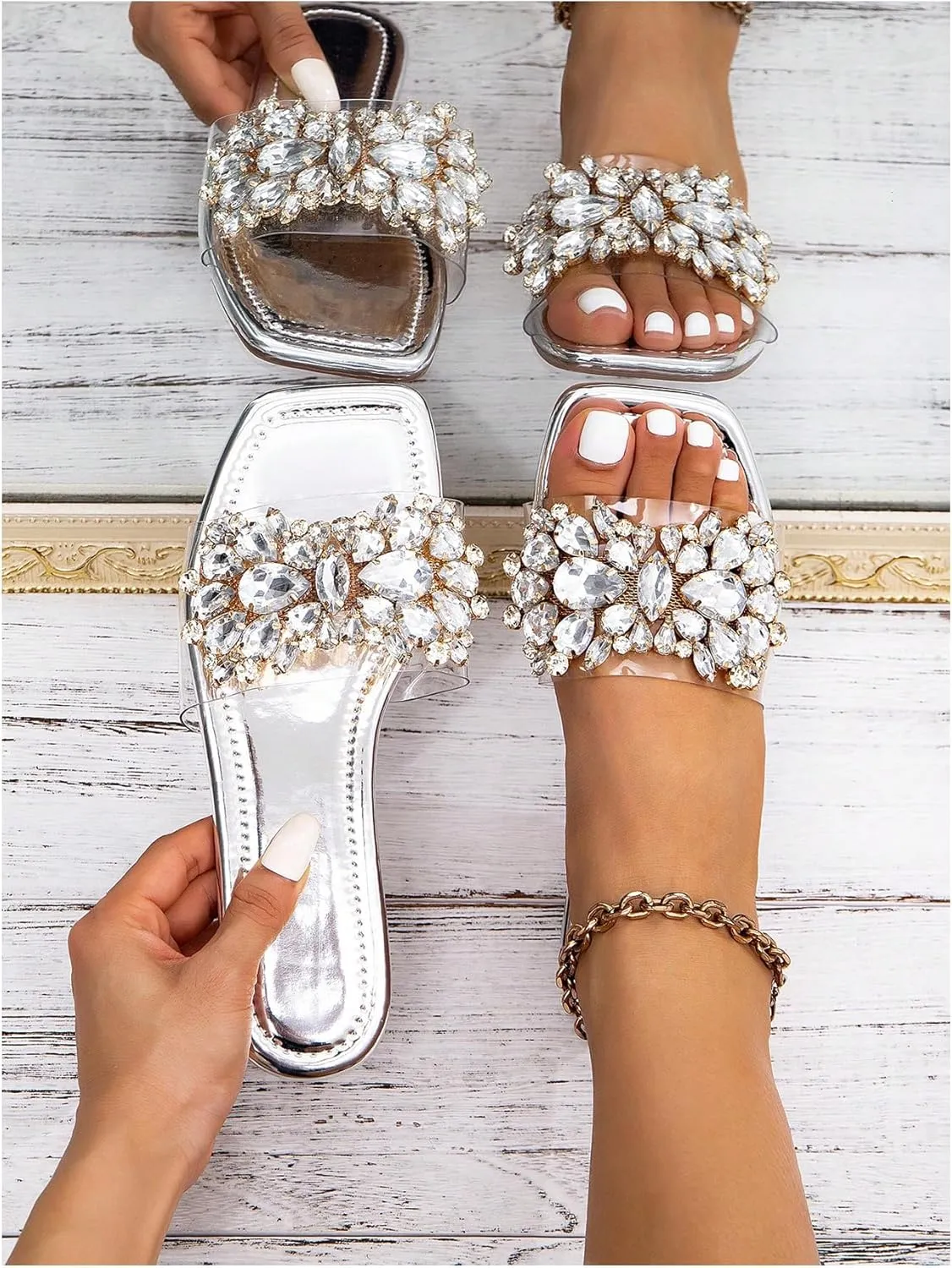 Verdusa Women's Rhinestone Clear Flat Sandals Square Toe Slide Sandals