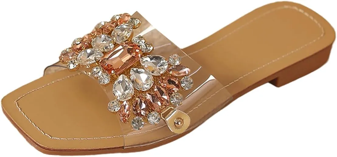 Verdusa Women's Rhinestone Clear Flat Sandals Square Toe Slide Sandals