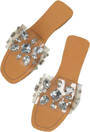 Verdusa Women's Rhinestone Clear Flat Sandals Square Toe Slide Sandals
