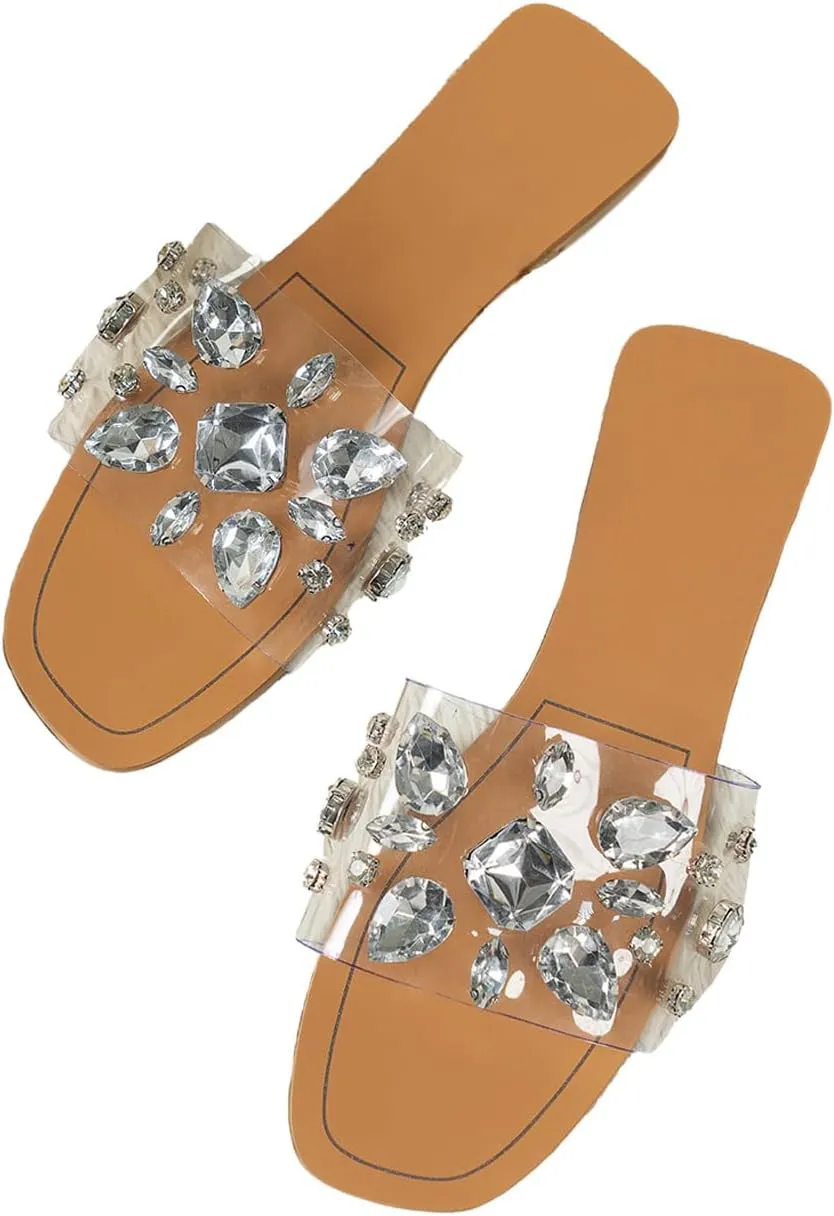 Verdusa Women's Rhinestone Clear Flat Sandals Square Toe Slide Sandals