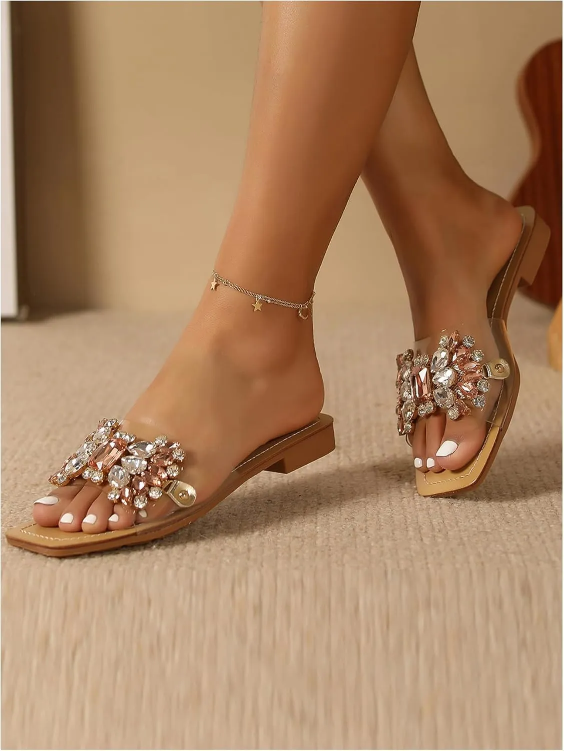 Verdusa Women's Rhinestone Clear Flat Sandals Square Toe Slide Sandals