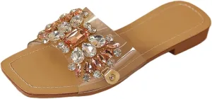 Verdusa Women's Rhinestone Clear Flat Sandals Square Toe Slide Sandals